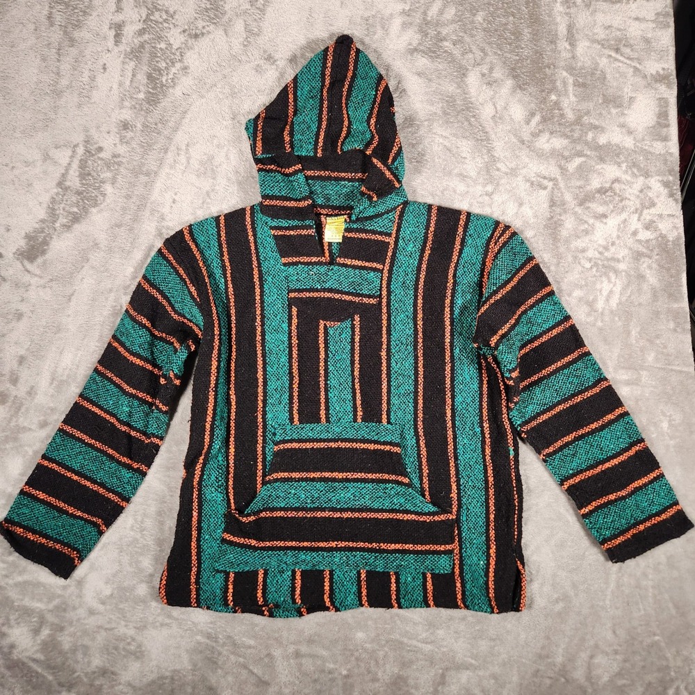 Frank's Baja Hoodie Mens Large Teal Black Orange Striped Mexican Pullover EUC
